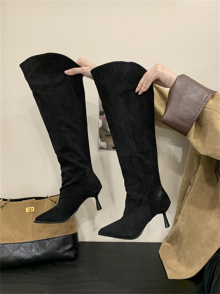 2025 Autumn and Winter New Hate Sky High Elastic Boots Pointed High Heel Boots Suede Thin Thin Heel Zipper Leg Over Knee Boots