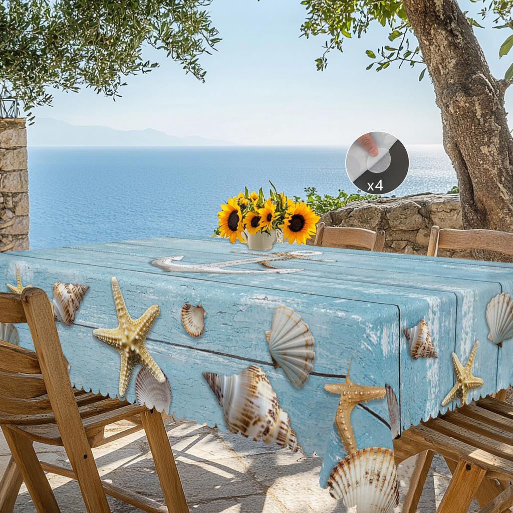 1 Stück Sommer Ozean Thema bedruckte Tischdecke, Retro Landhausstil, Holzbrett, Muschel, Ankermuster Design, Geeignet für Frühling und S
