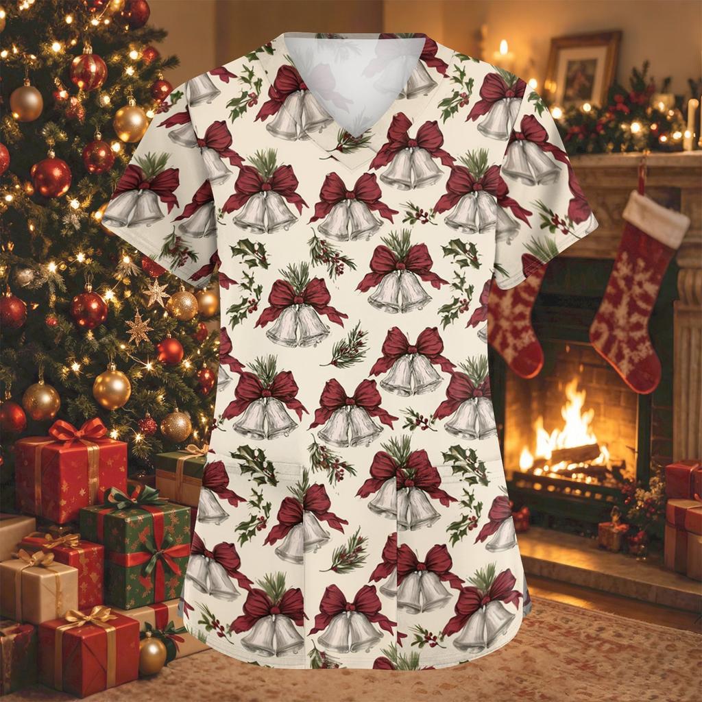 Women's Fashion Christmas Print V-Neck Short Sleeve Caregiver Work Top with Pockets