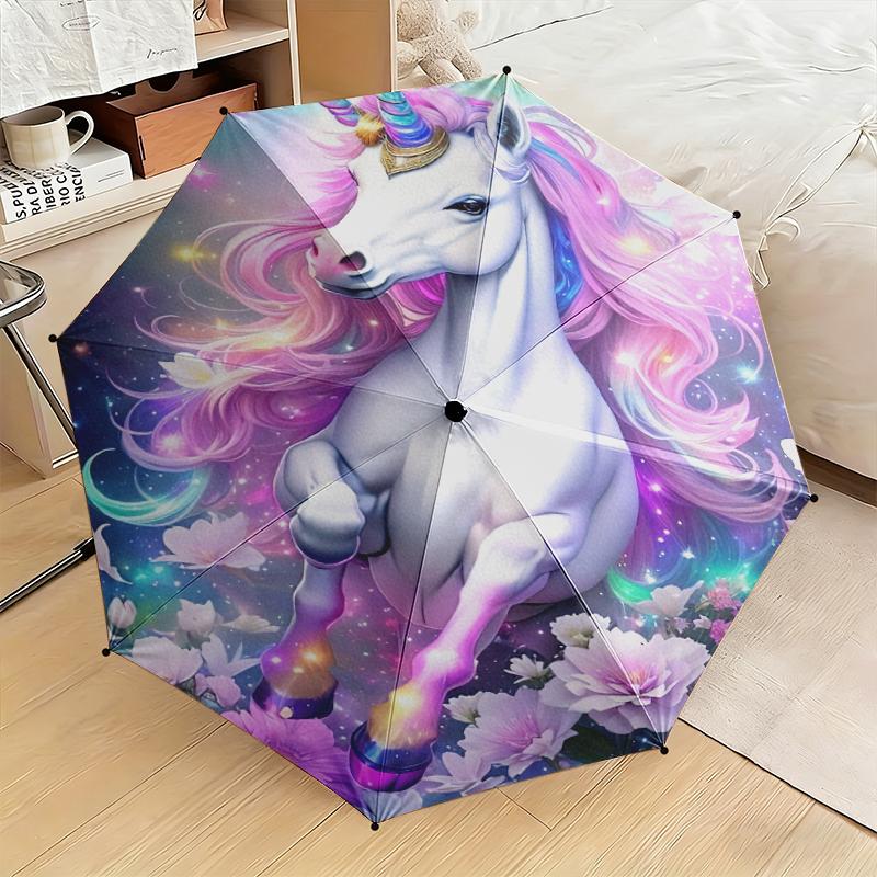 1pc Dreamy Rainbow Unicorn Umbrella Portable Folding Umbrella Iron Frame Hole Bone Structure Outdoor Home Umbrella