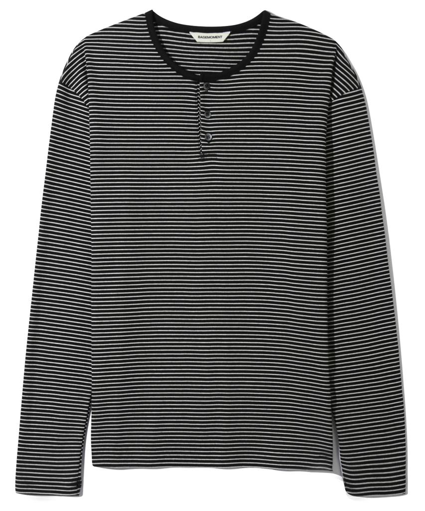 BASEMOMENT Striped Henley Neck Ribbed Top Black