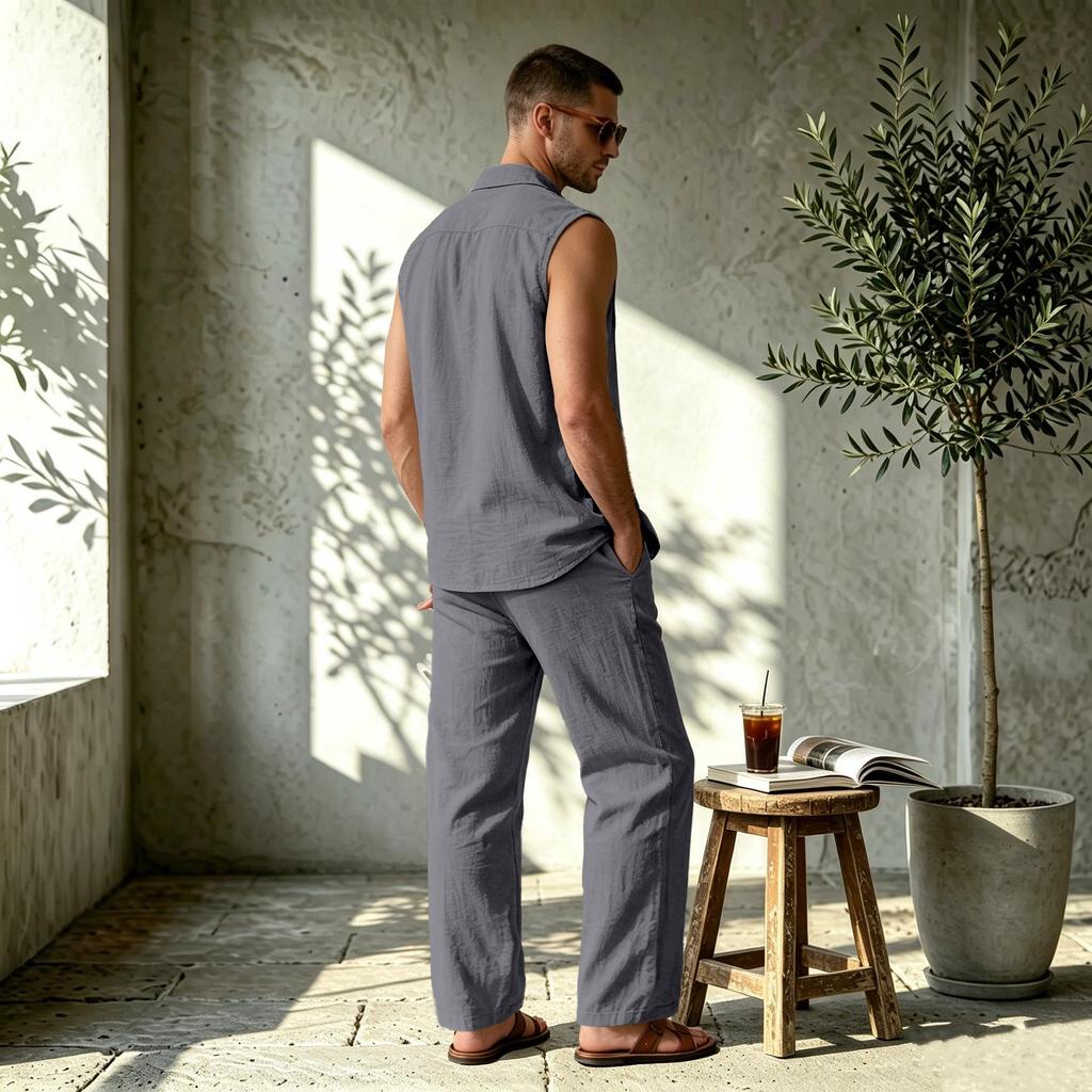 European Summer Men's Linen Sleeveless Lapel Shirt & Long Pants Set - Breathable Casual Two-Piece