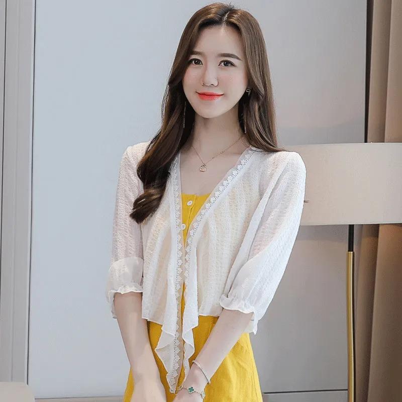 Dámské šifonové topy Letní svrchní krátká bunda s ochranou proti slunci s košilkou Šálová sukně Tenký kardigan Móda mimo košile