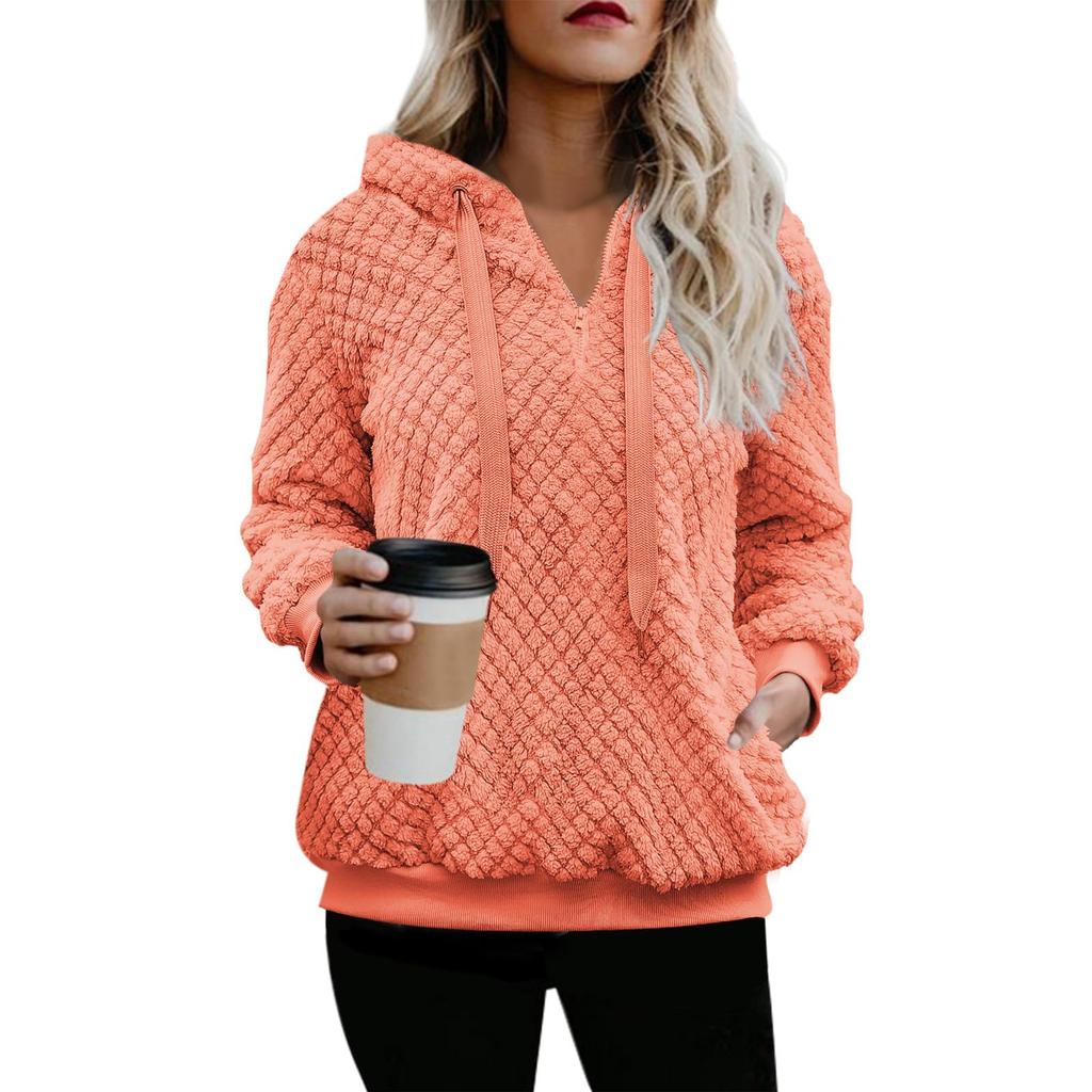 Womens Oversized Fuzzy Hoodie Double Fleece Sweatshirts Plaid Outerwear