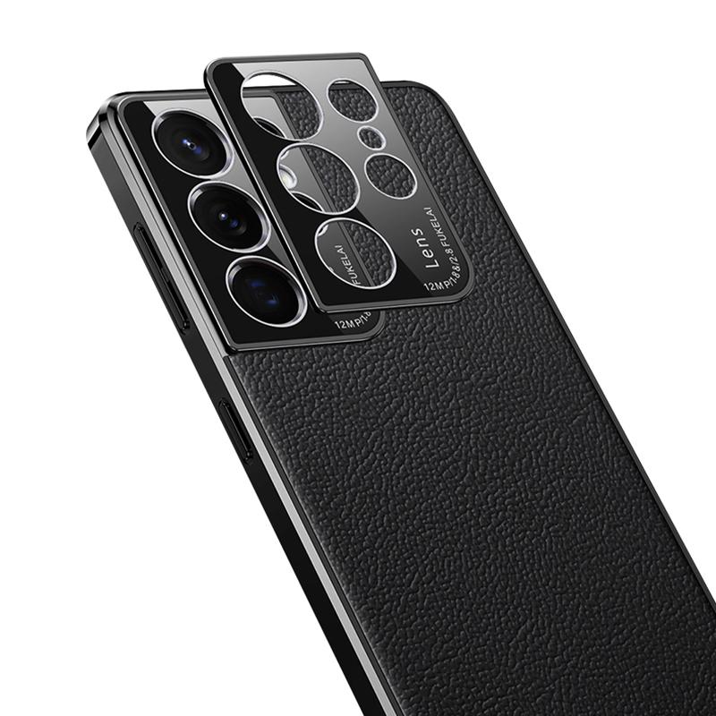 For Samsung Galaxy S23 Ultra Shockproof Phone Cover Camera Protection Genuine Leather Coated PC Electroplating Back Case