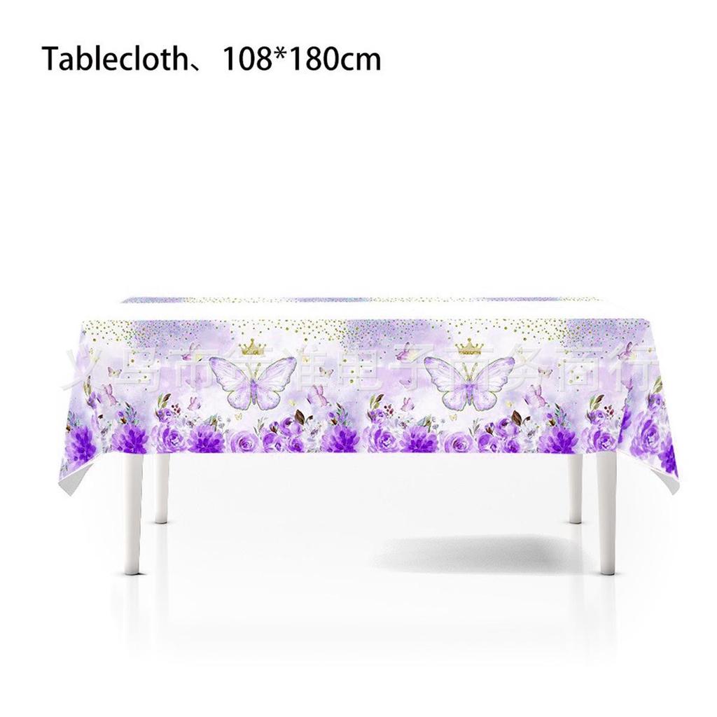 Purple Butterfly Themed Party Tableware Set: Includes Tablecloth, Plates, Cups, Napkins, and Decorations. Perfect for Birthday Celebrations.
