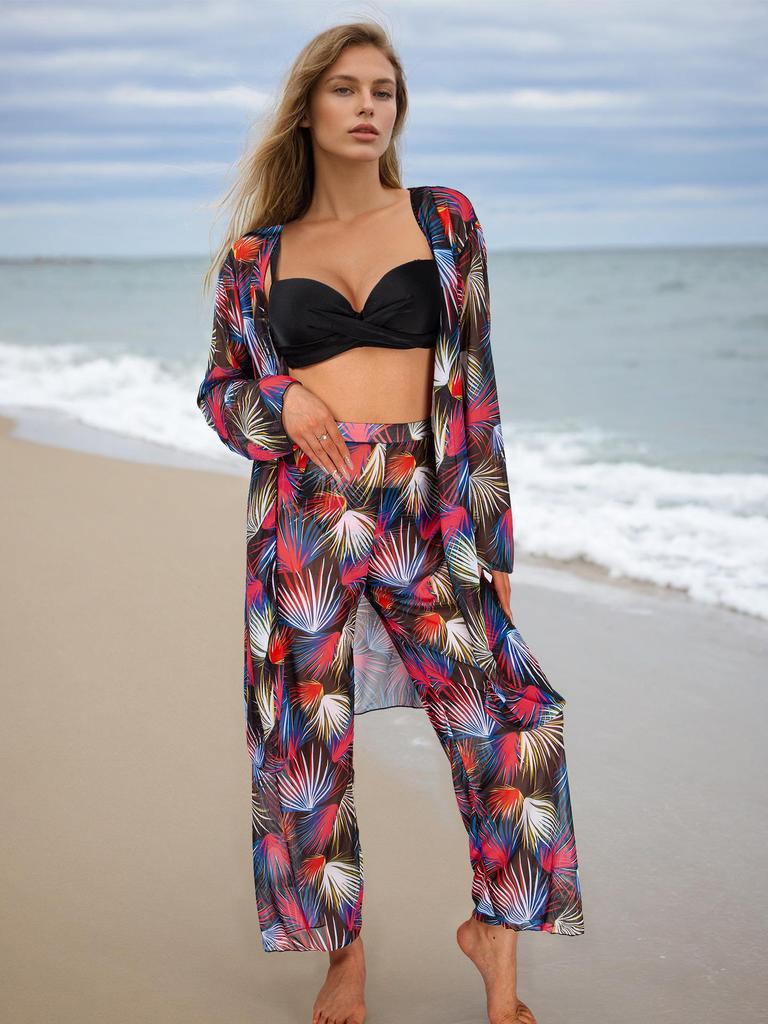 2026 Women's Four-Piece Bikini Set with Sun Protection: Includes Long-Sleeved Cover-Up, Trousers, and Swimwear for Beach or Hot Springs.