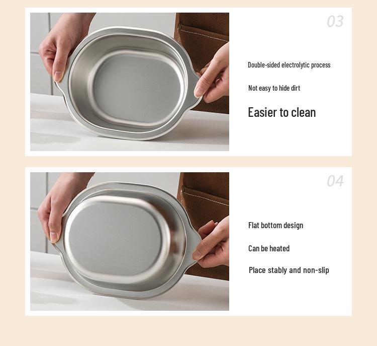 Korean Stainless Steel Oval Ramen Bowl & Salad Plate Combo for Cooking and Serving.