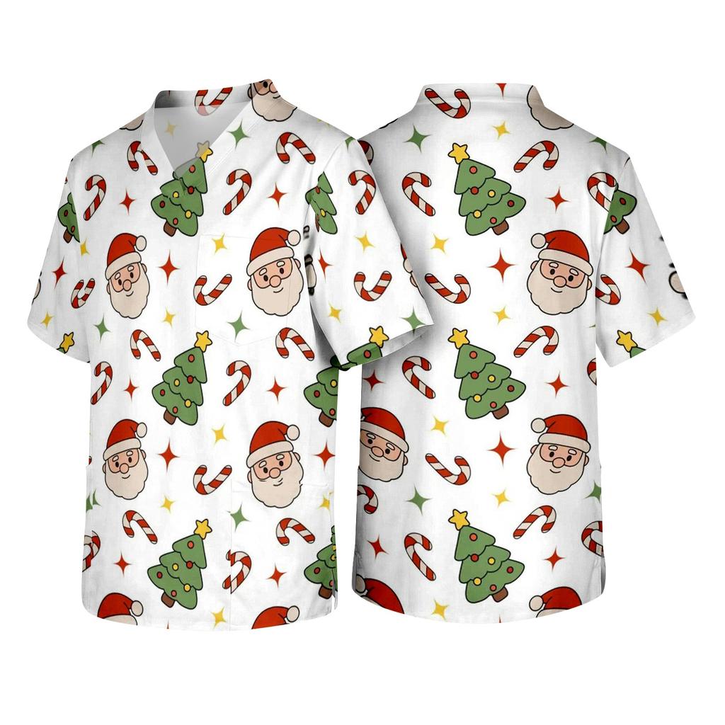 Men's Christmas Theme Caregiver Uniform, Holiday Scrub Top for Nurses and Workers