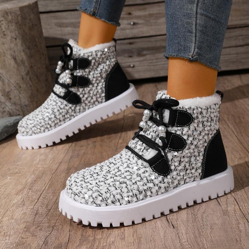 Women's Wide Width Lace-Up Snow Boots, Plush Lined High Top Winter Shoes, Warm Fleece Ankle Boots for Women