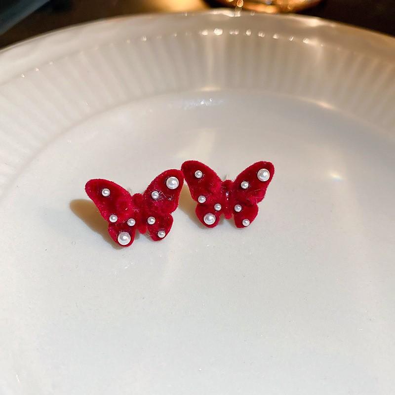 Flocking red bow earrings autumn and winter new niche versatile earrings fashionable elegance temperament earrings women