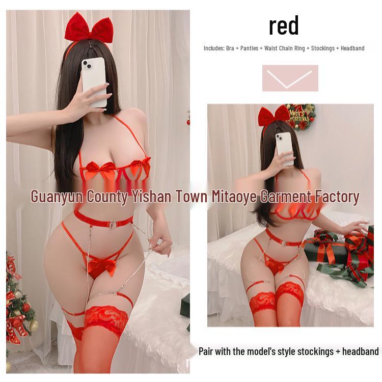 European & American Holiday Lingerie: Christmas Underwire Bow Bikini Garter Set