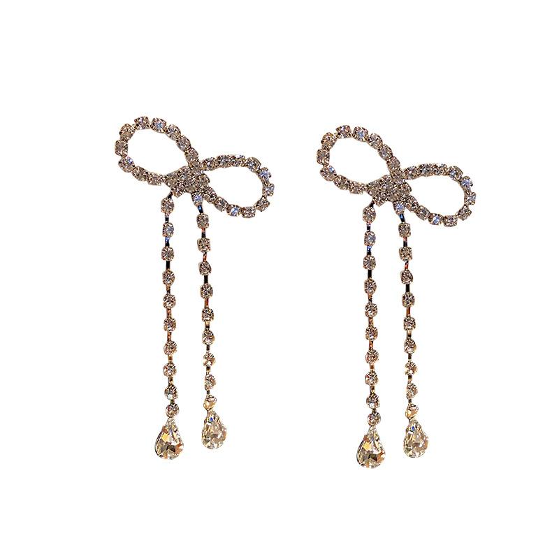 Fashion Long Tassel Full Rhinestone Drop Earrings for Women Bowknot Crystal Dangle Earrings Jewelry Gifts