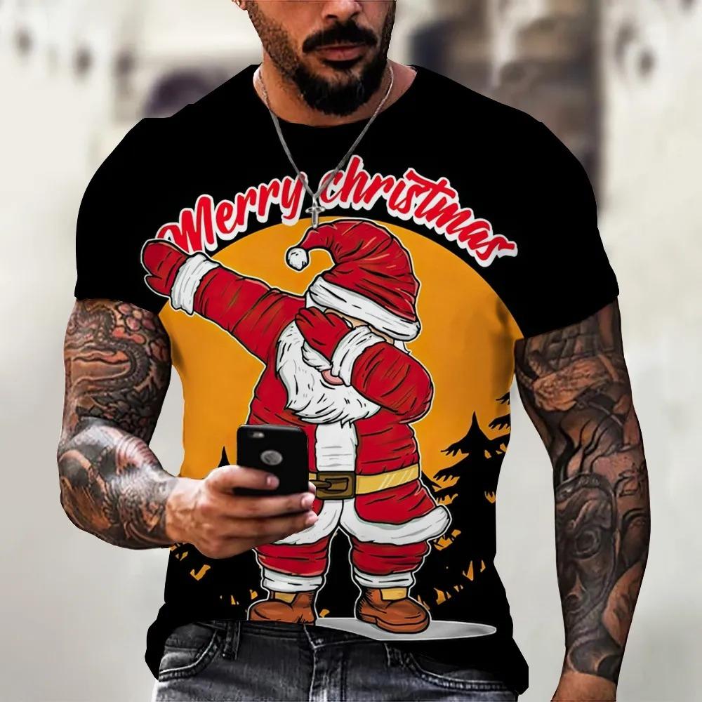 Men's Casual Short-Sleeve T-Shirt with Santa Print, Fashionable Crew Neck Top, Loose T-Shirt, New Year Gift