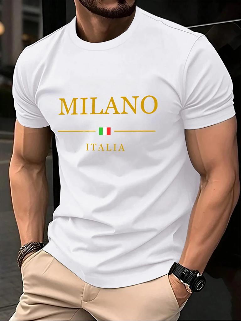 Milano Italien Letter Print Herren T-Shirts Baumwolle Sommer Oversized Rundhals Oberteile Kurzarm Weiches T-Shirt Lässige Herrenbekleidung
