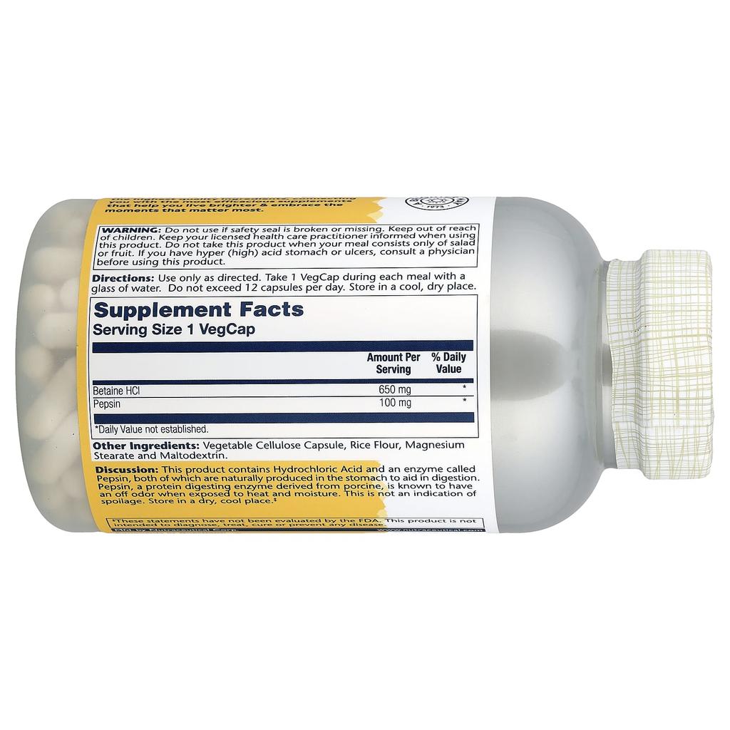 High Potency Betaine Hcl with Pepsin, 650Mg, 250 Veggie Caps