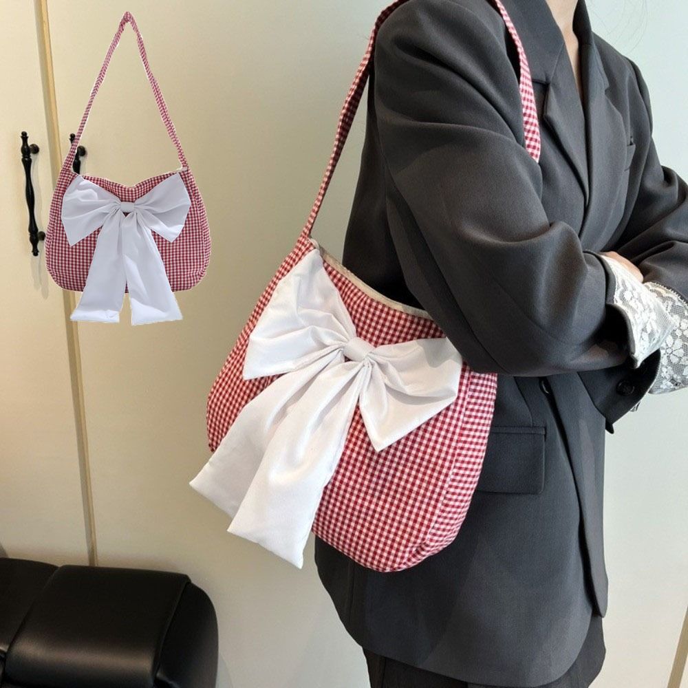Lattice Bow Shoulder Bag Cloth Canvas Tote Bag Simple Plaid Shoulder Bag  Travel