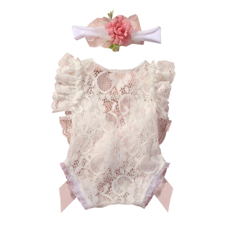 

Infant Lace Backless Bodysuit Sleeveless Romper with Bowknot Flower Headband Photo Props for Photoshoots And Parties M