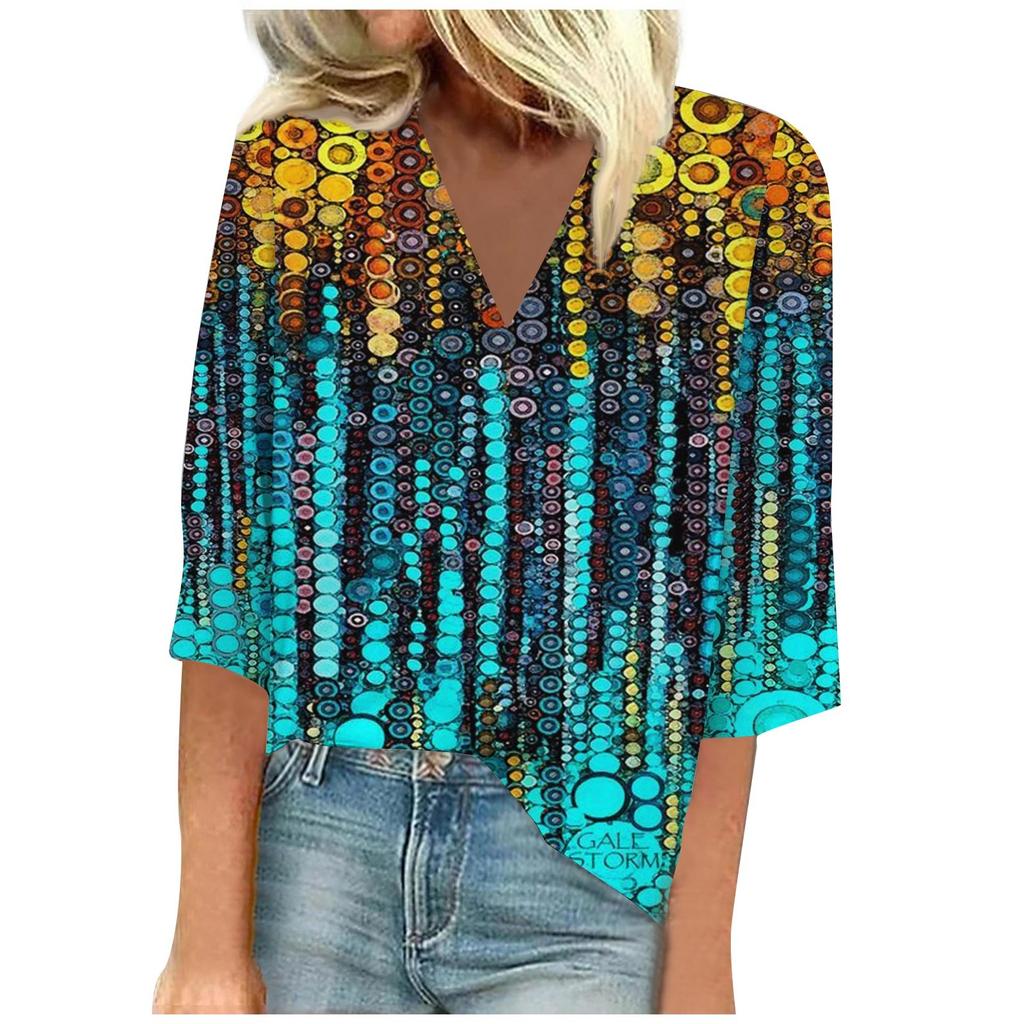 Women's Shirt Blouse Casual Loose Shirts 3/4 Sleeve Print V Neck Tops Print Tops T-shirts Tee
