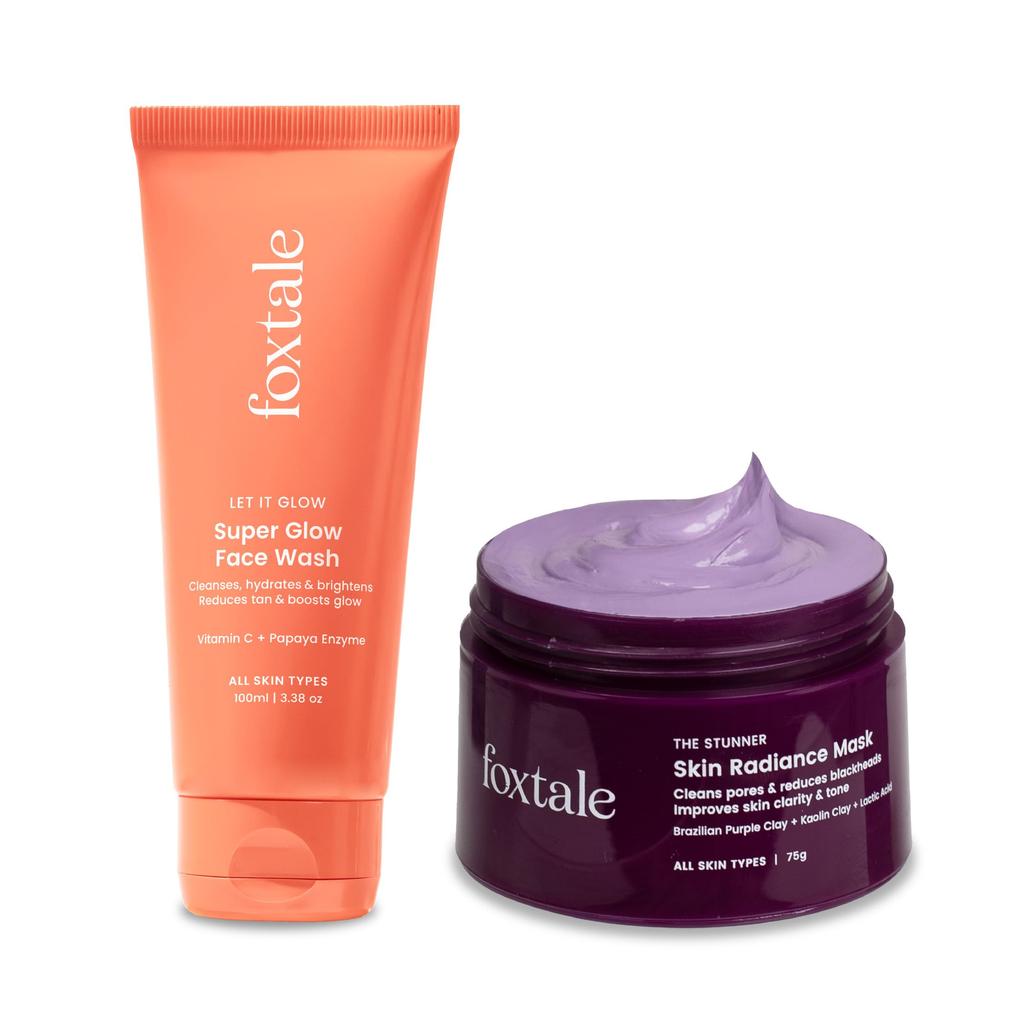 Dúo Foxtale Detan and Glow - Limpiador Facial + Mascarilla Radiante para la Piel | Elimina el Bronceado, Ilumina, Desobstruye los Poros | Con Vitamina C, Enzima de Papaya, Ácido Láctico y