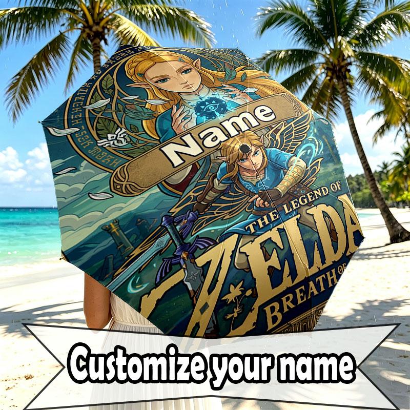 Custom Name Personalized The Legend Of Zelda Print Umbrella, Auto Open Close, 8‑Rib Sturdy Frame, Commute Camping Hiking Use, Birthday Gift