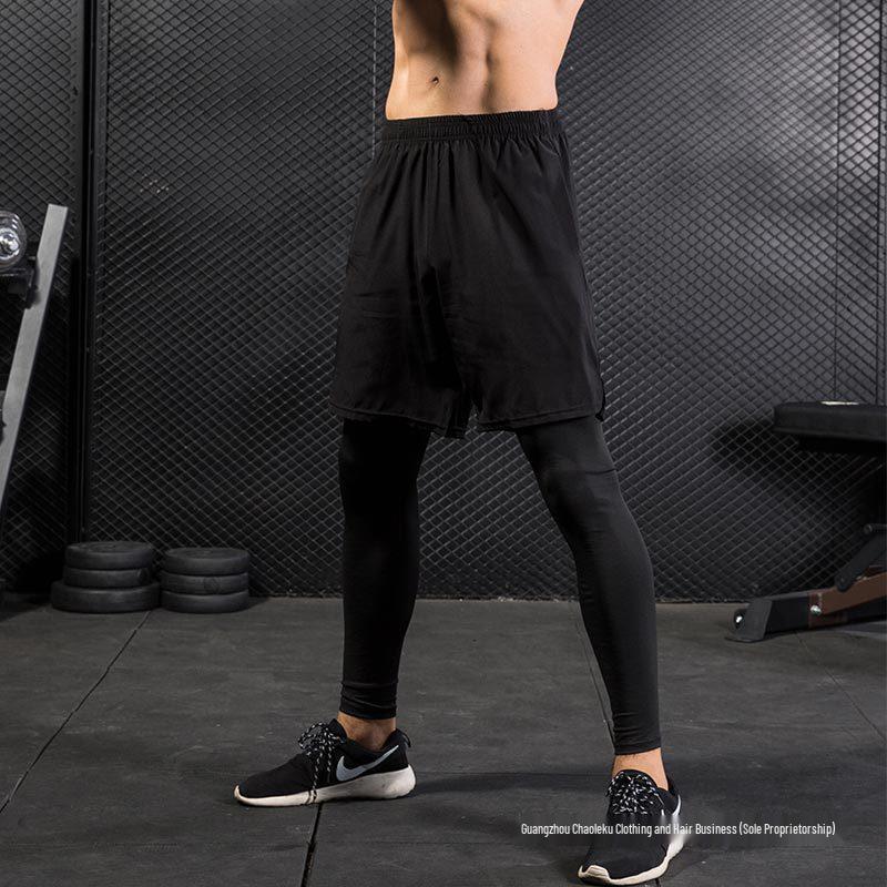 Men's Quick-Dry Stretch Running Tights, Fake Two-Piece, Black/Grey