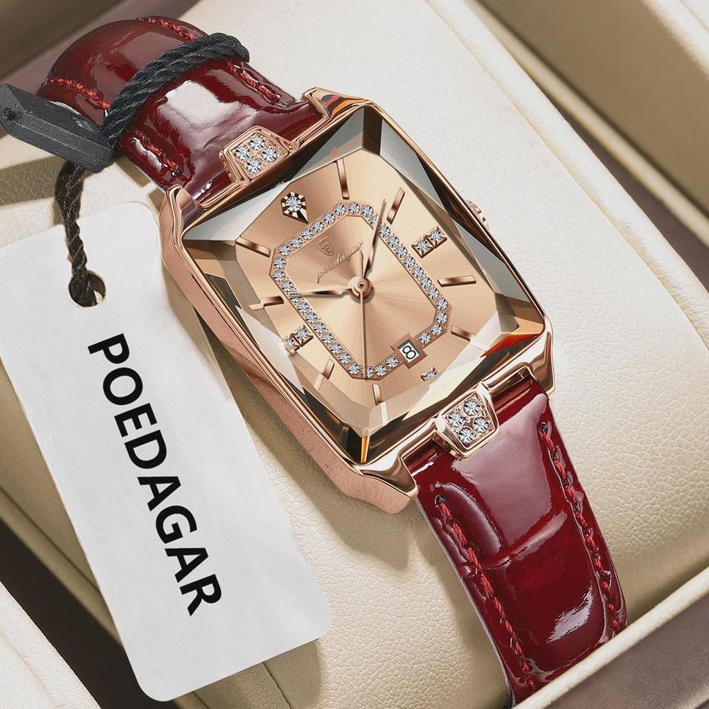 POEDAGAR Rectangle Luxury Women's Watches Waterproof Date Leather Woman Watch Elegant Fashion Quartz Women Wristwatch