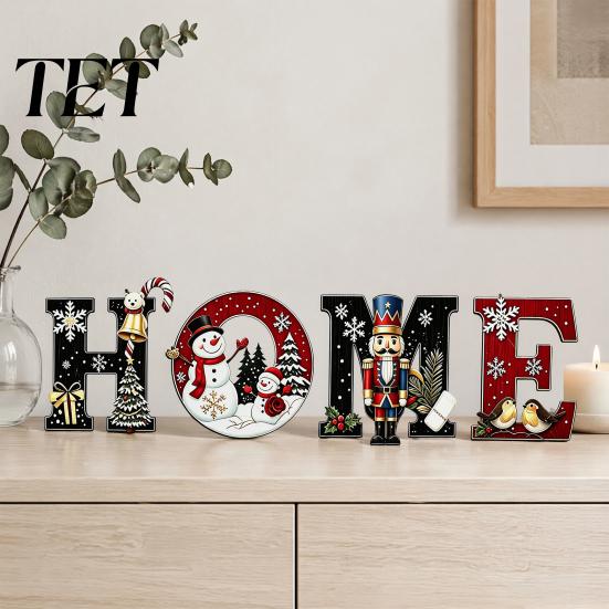 Christmas Wall Decorations 4Pcs HOME Wooden Letter Decor, Hanging Sign with Nutcracker Snowman Waterproof Porch Ornaments Tree Art, Farmhouse Holiday