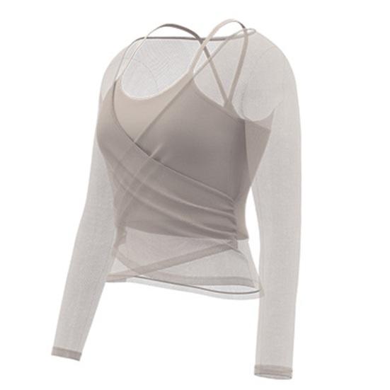 Long Sleeve Yoga Two-Piece Set for Women Mesh Gym Athletic Tops Workout Shirts with Support Sports Bra