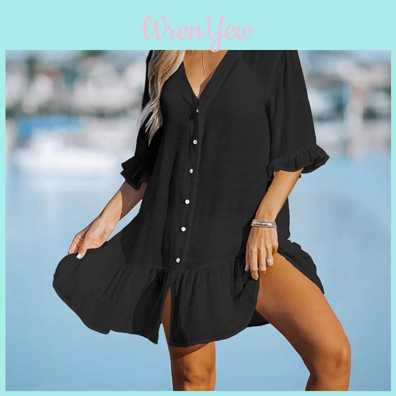 Summer V Neck Ruffle Dress With Spliced Cotton Fabric For Beachwear And Sun Protection
