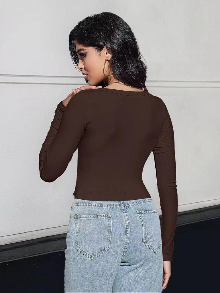 Νέο γυναικείο μπλουζάκι με μακρυμάνικο τετράγωνο λαιμό ευρωπαϊκή και αμερικανική λεπτή εφαρμογή 2024