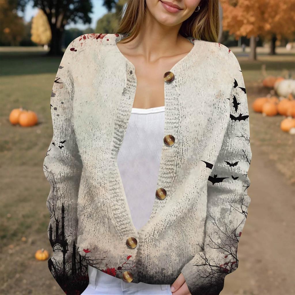 Women's Fashion Printed Long Sleeve Knitted Cardigan Button Down Jacket