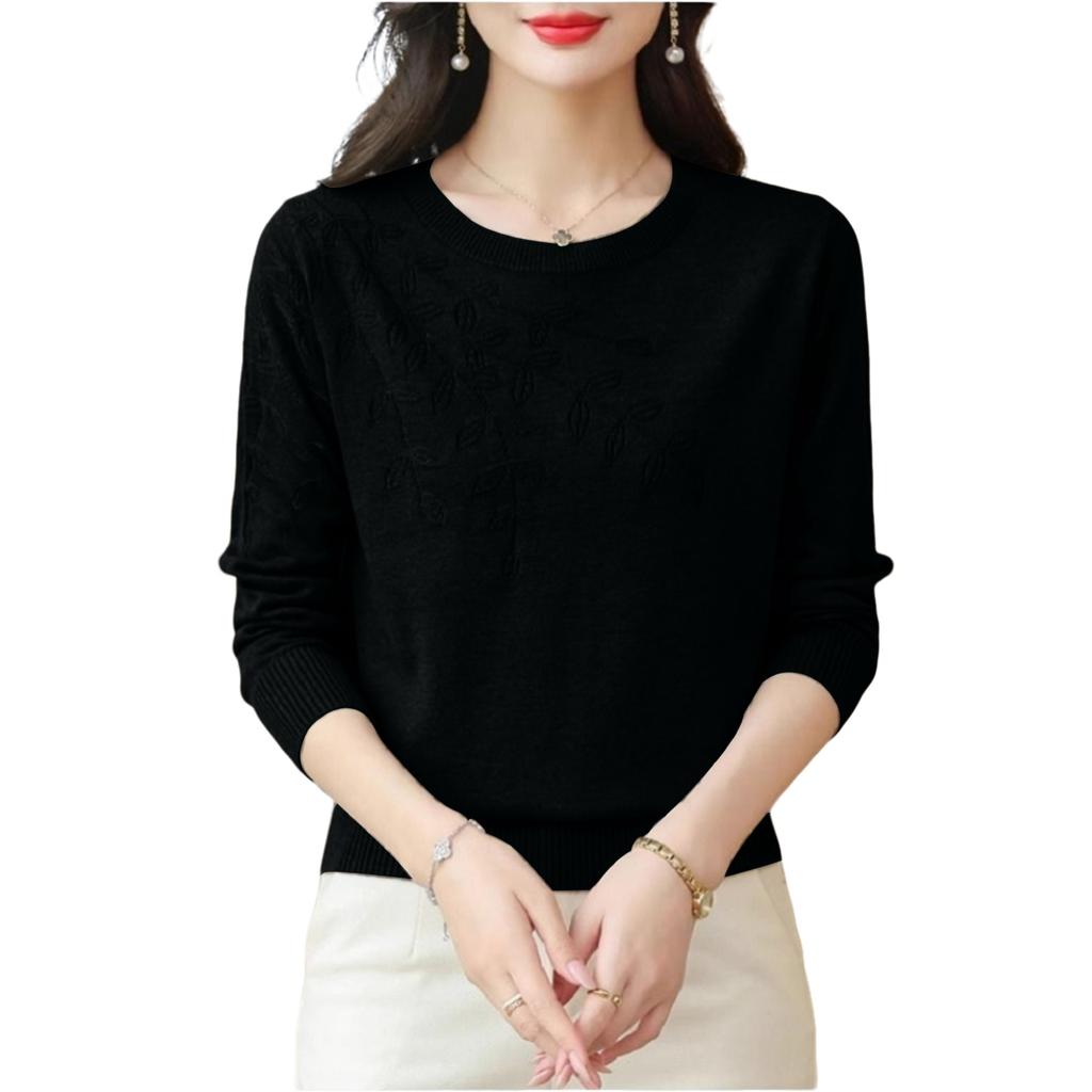 Damen Besticktes Rundhals Unterzieh-Top Modischer Und Stilvoller Langarm Altersreduzierender Einfarbiger Pullover