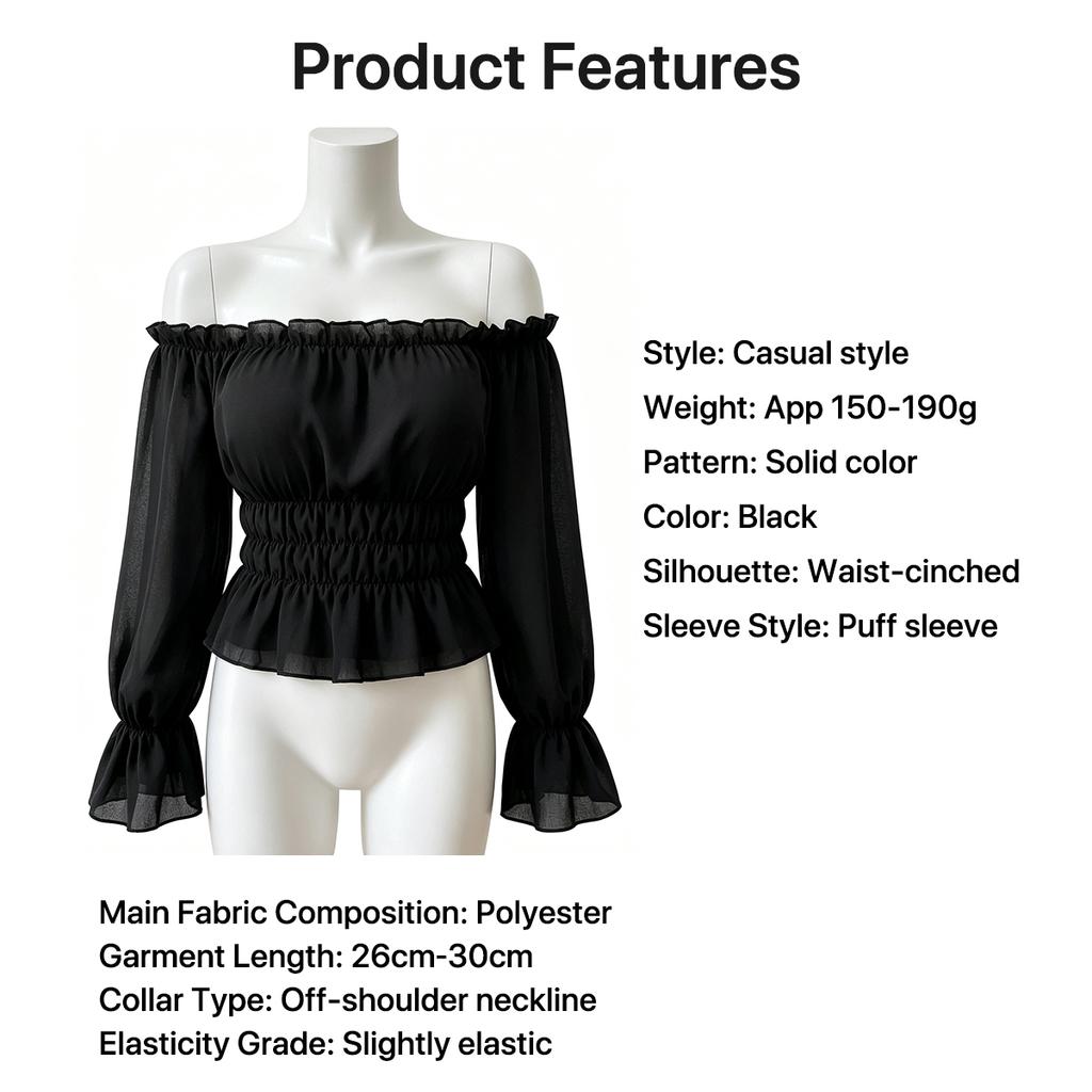 Fashion Women Ruffle Off Shoulder Crop Blouse Long Puff Sleeve Slim Ruched Hem Casual Clubwear Top