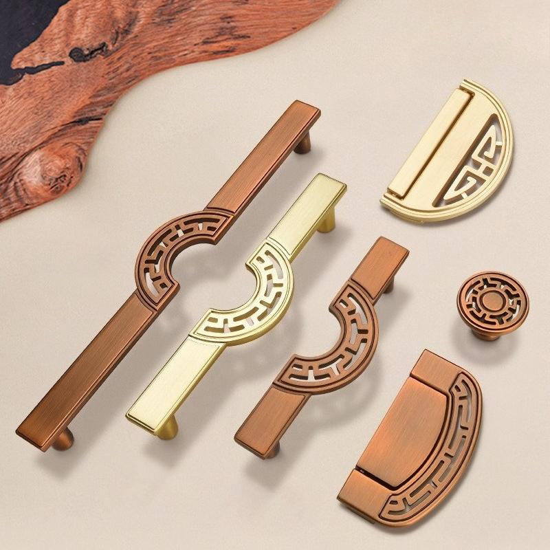 High End New Chinese Style Copper Brushed Color Cabinet Door Handle,Wardrobe Drawer Handle, Retro Hollowed Out Cabinet Handle