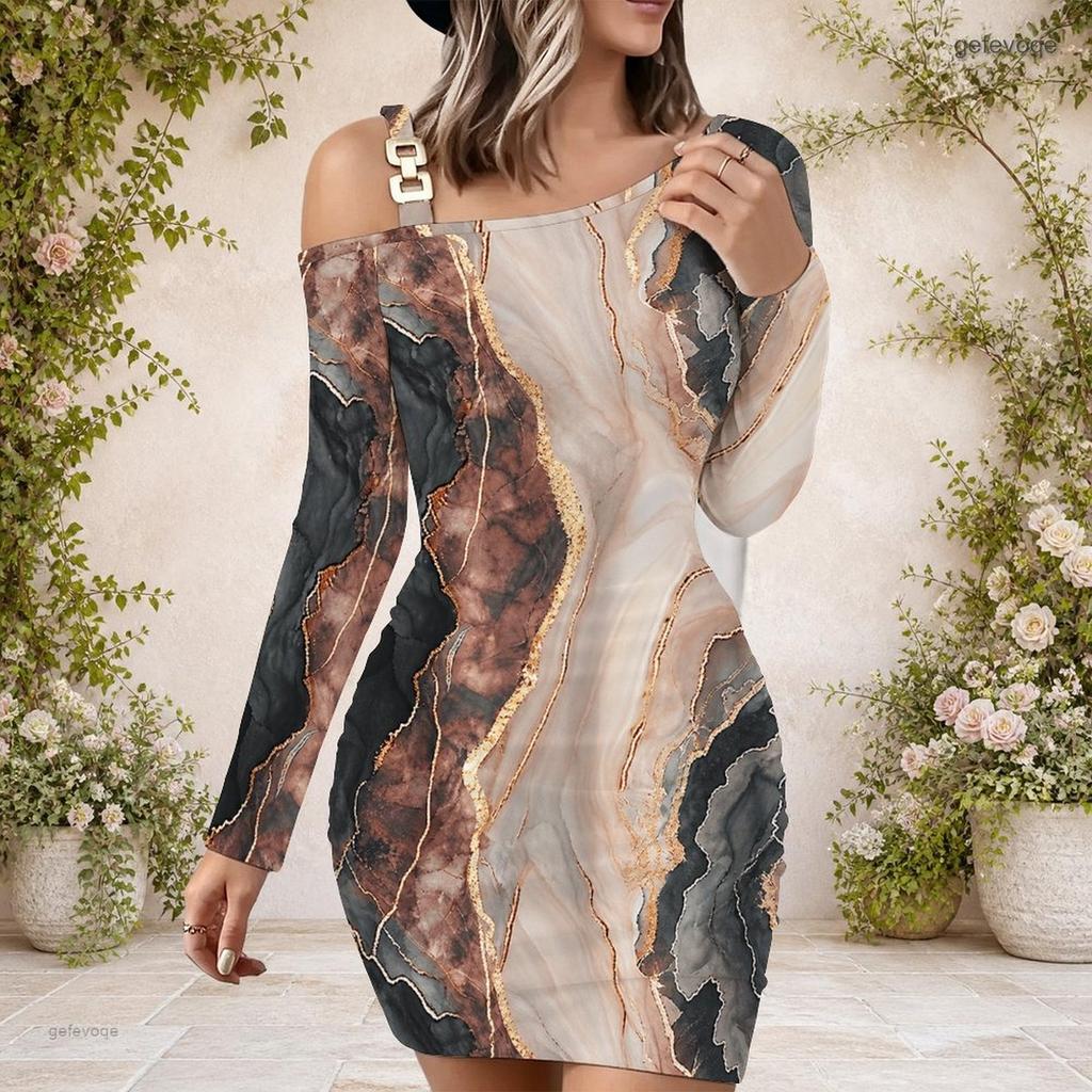 Women Plus Size One Shoulder Long Sleeve Printed Striped Bodycon Mini Dress