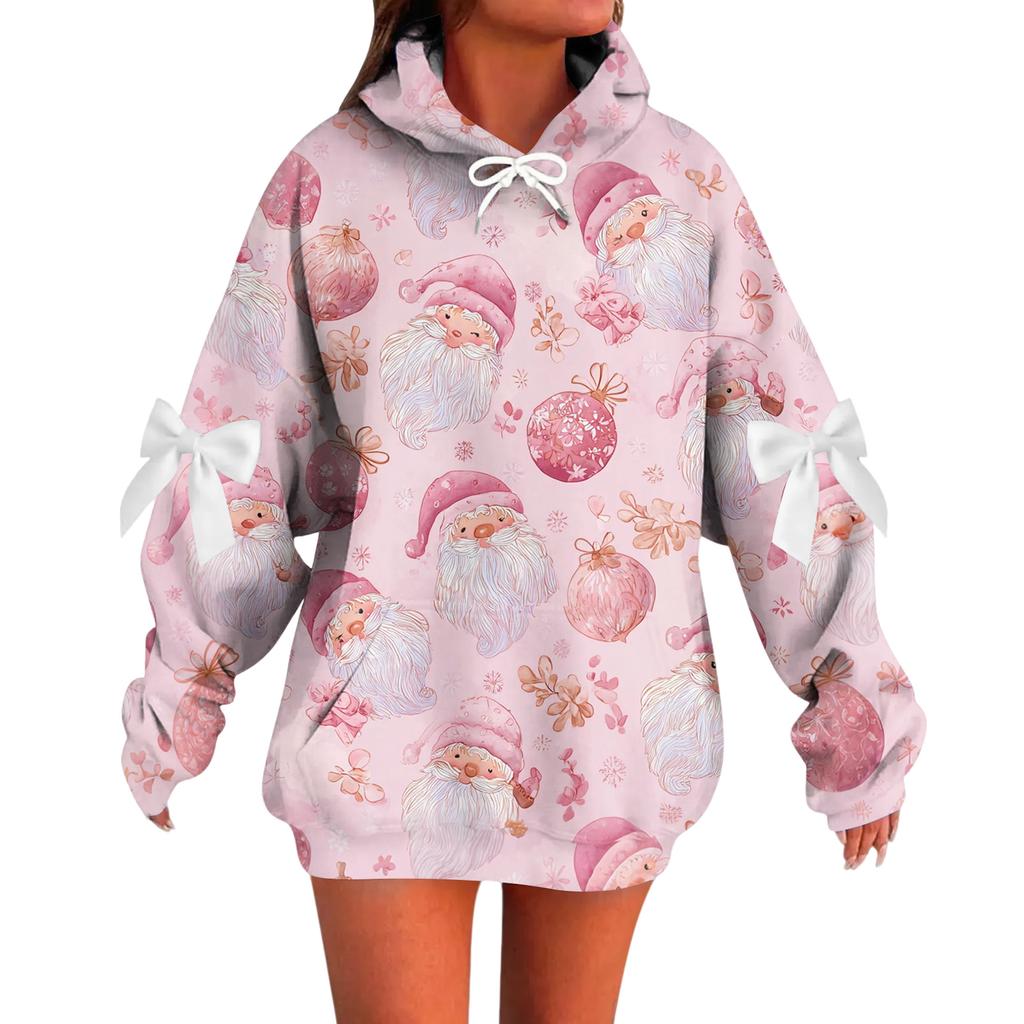 Ladies' Christmas Printed Bow Long Sleeved Loose Fitting Headband With Rope Hooded Sweatshirt Top