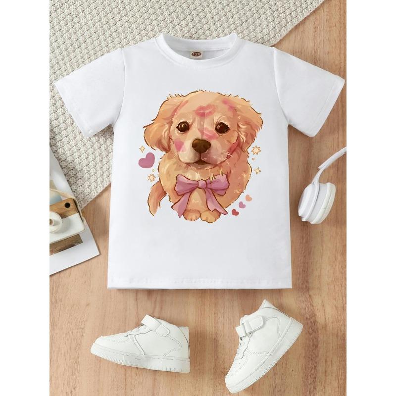 Europäische Größen Niedliches Golden Retriever Pfotenabdruck Muster Design. Mädchen-T-Shirt mit kurzen Ärmeln und Rundhalsausschnitt, Erhältlich in Schwarz und Weiß