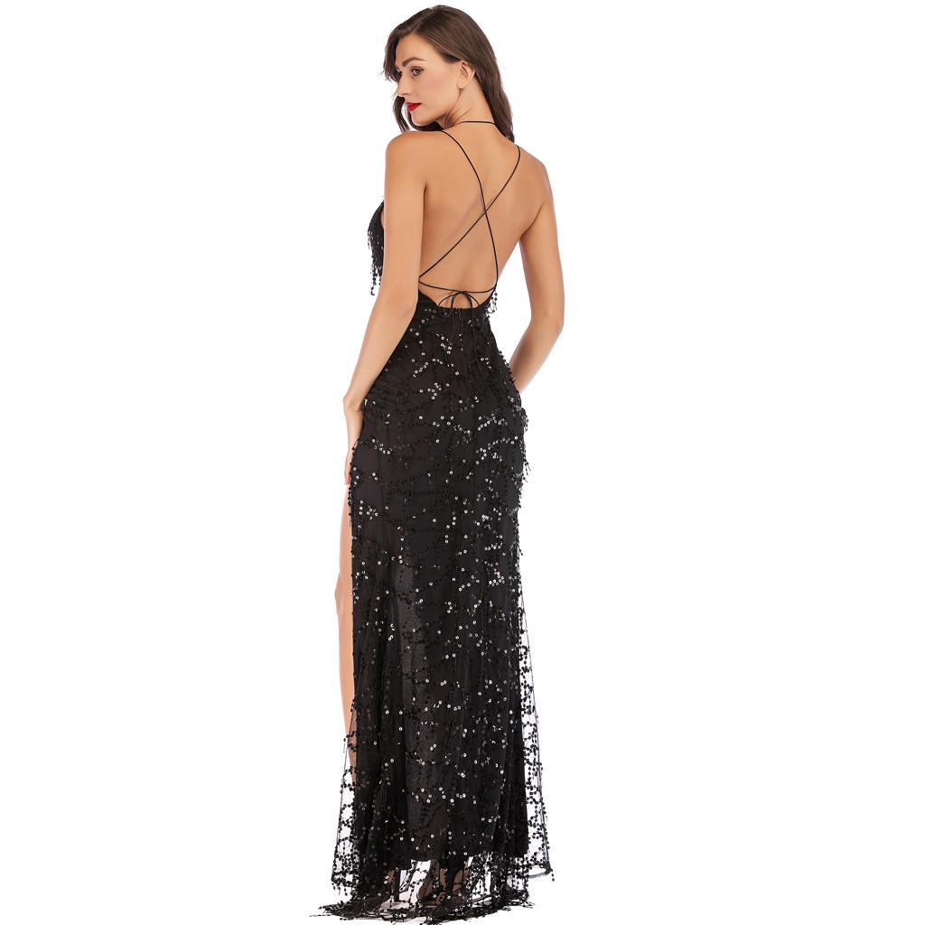 Sexy Women V Neck Maxi Sequin Backless Split Cocktail Prom Gown Dress