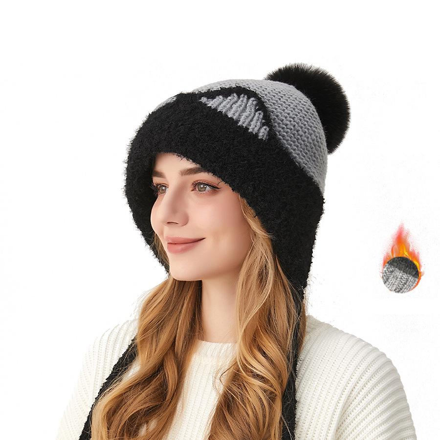 Knitted Hat Women's Autumn Winter Cartoon Cat Ears Elastic Wool Hat Three Hair Balls Ear Protection Wool Hat