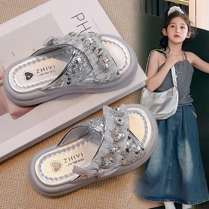 2024 Children Sandals for Girls Sumemr New Fashion Princess Rhinestone Elegant Lace Soft Sole Comfortable Casual Versatile Shoes