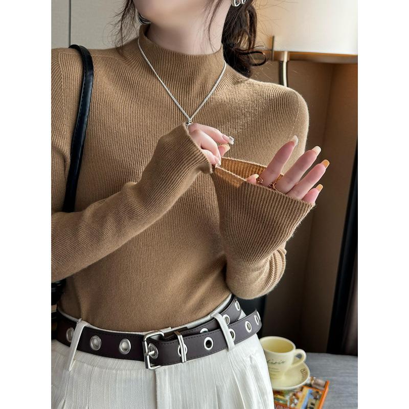 Knitted bottoming shirt for women's spring and autumn new models with gray semi-turtleneck sweater slim-fitting long-sleeved knitted top for women