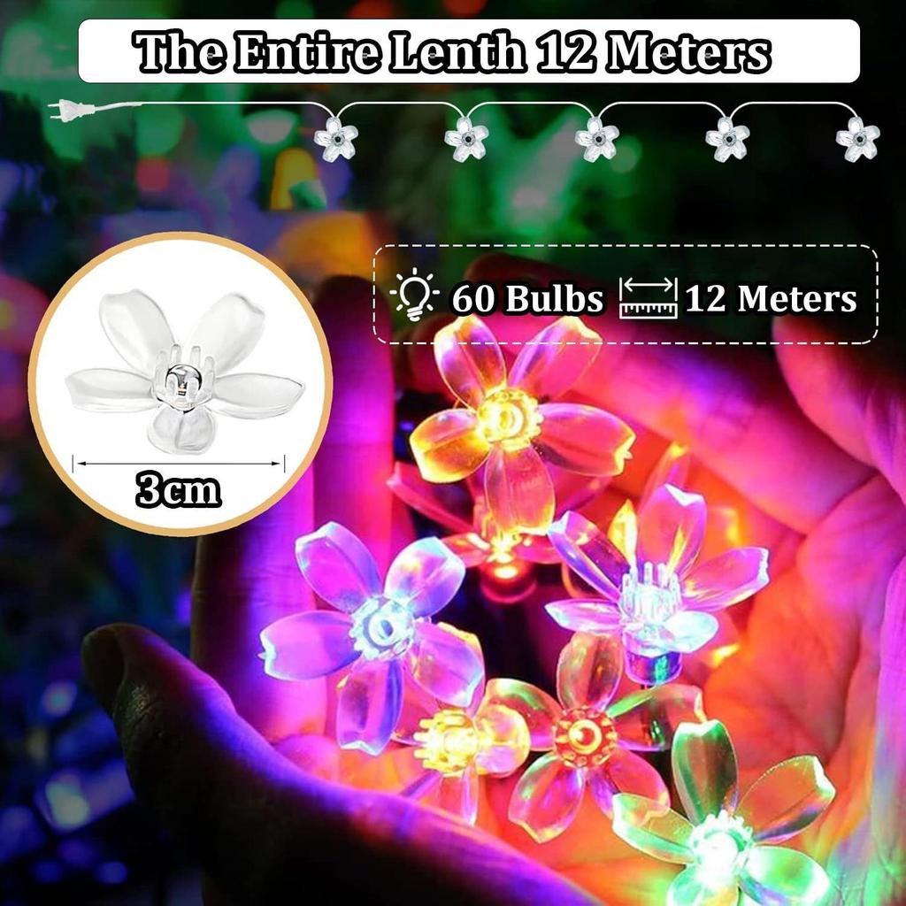 Silicone Flower LED String Lights – 60 LED, 12 Meter Multicolour Copper Wire Fairy Lights for Window, Wall, Garden, Diwali, Christmas
