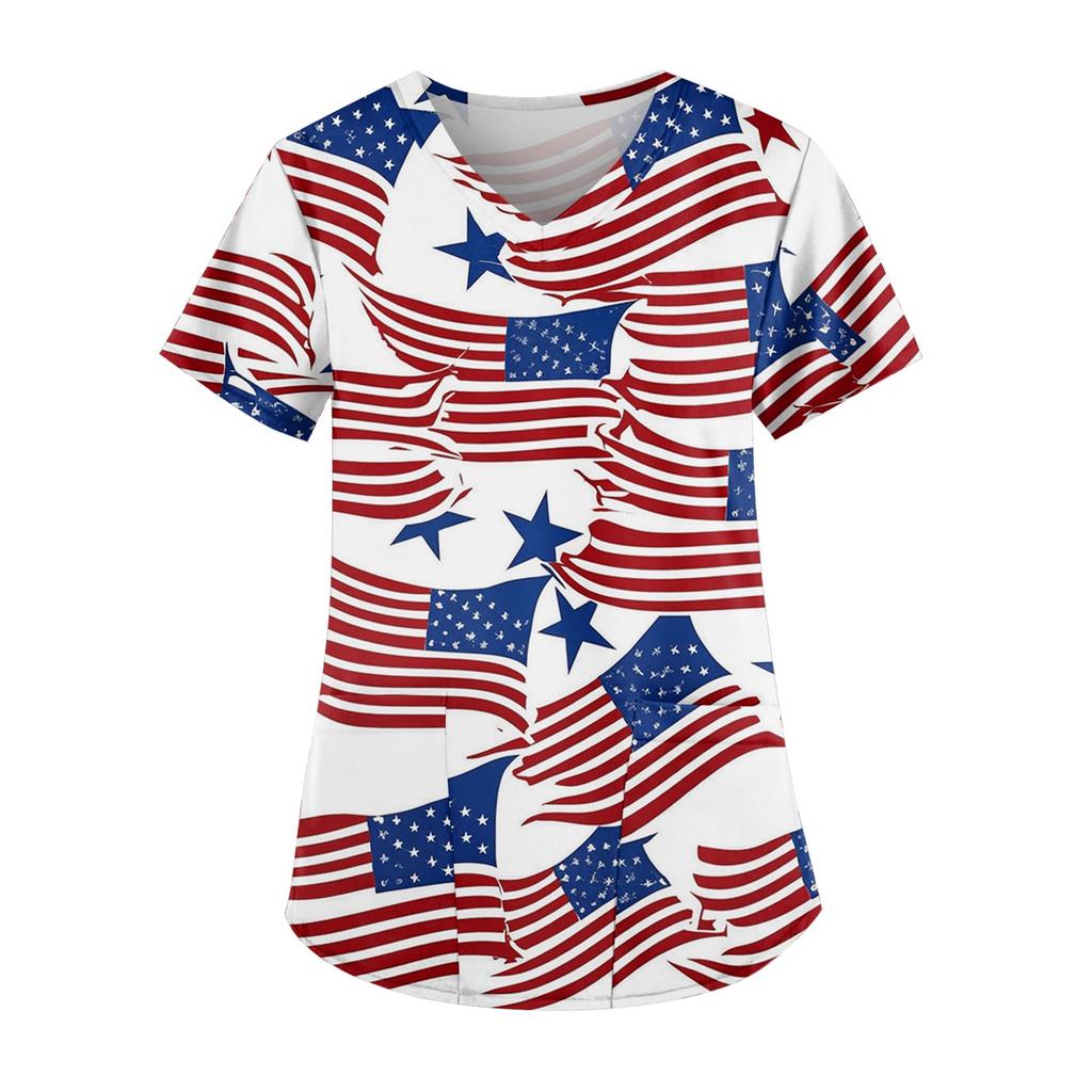 Women's Independence Day Printed Work Clothes V-neck Double Layer Pockets Basic Short Sleeve Top Pullover