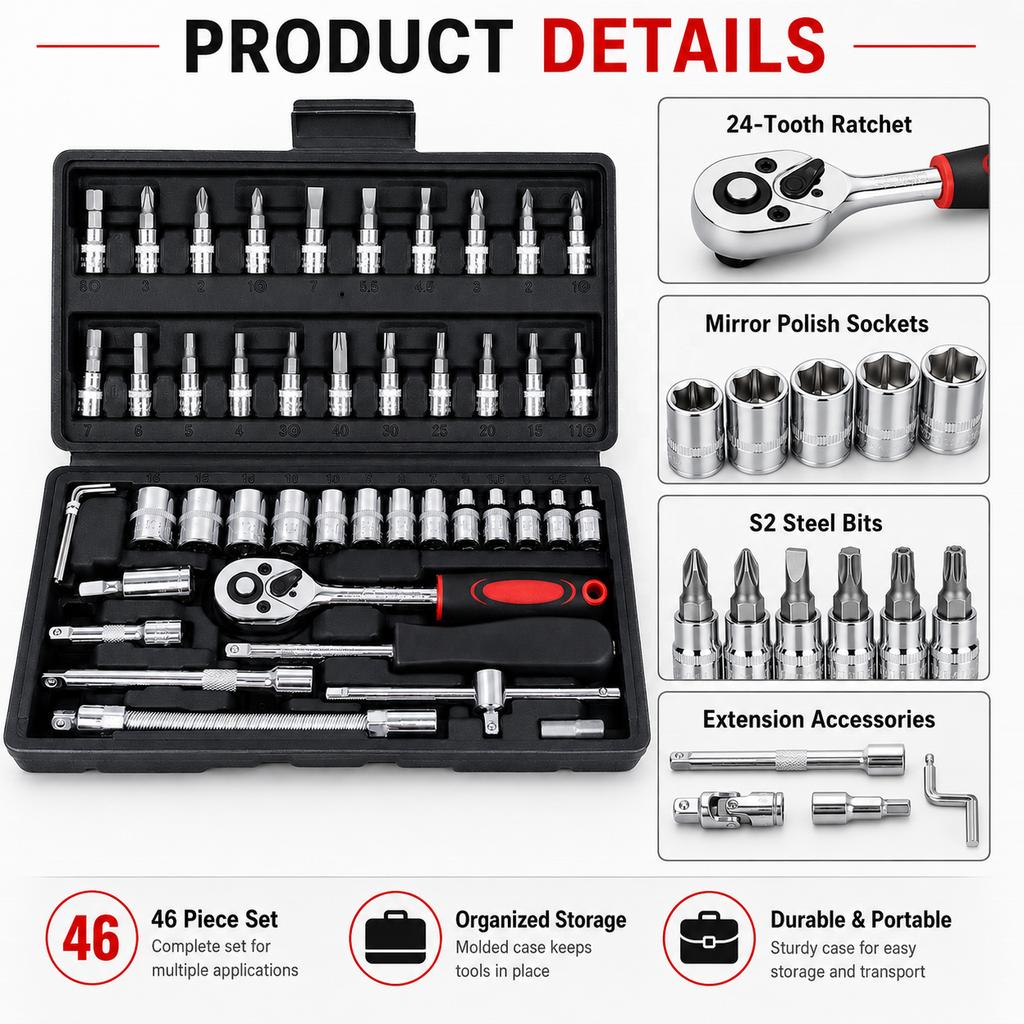 46/53PCS 1/4 Inch Drive Metric Socket Ratchet Wrench Set Extension Bar Hand Operated OEM Carbon Steel Tool Box Set Hard Case
