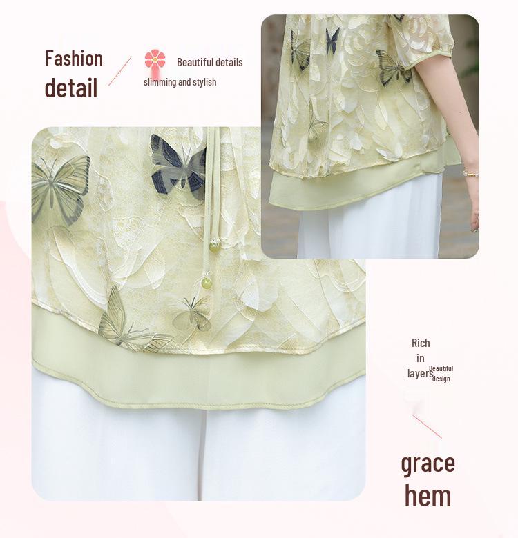 Mom's 2026 Stylish Chiffon Short-Sleeve Chinese Summer Top for Middle-Aged & Elderly Women