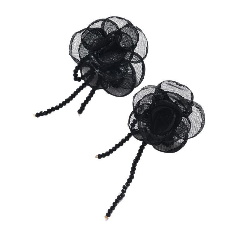 New Niche Light Luxury High-end Fabric Rose Flower Earrings Women's Retro Exaggerated Black Fringed Earrings