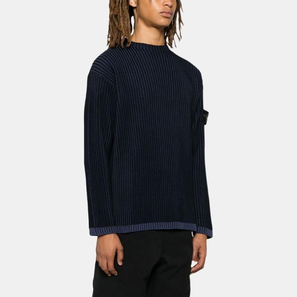 STONE ISLAND Logo Round Neck Pullover Sweater Men Sweater Navy-Blue 8115532C1-V0020