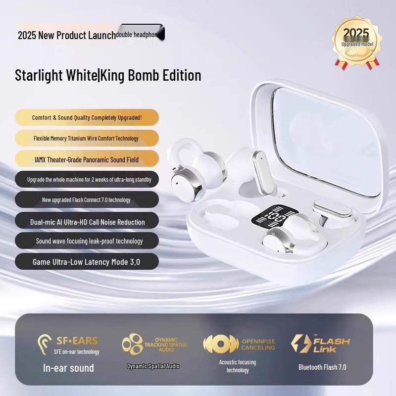 2025 Bluetooth Dual Earphones: Wireless Ear Clip, Semi-in-ear, Noise Reduction, Long Battery Life, Ideal for Running. Includes Two Pairs.