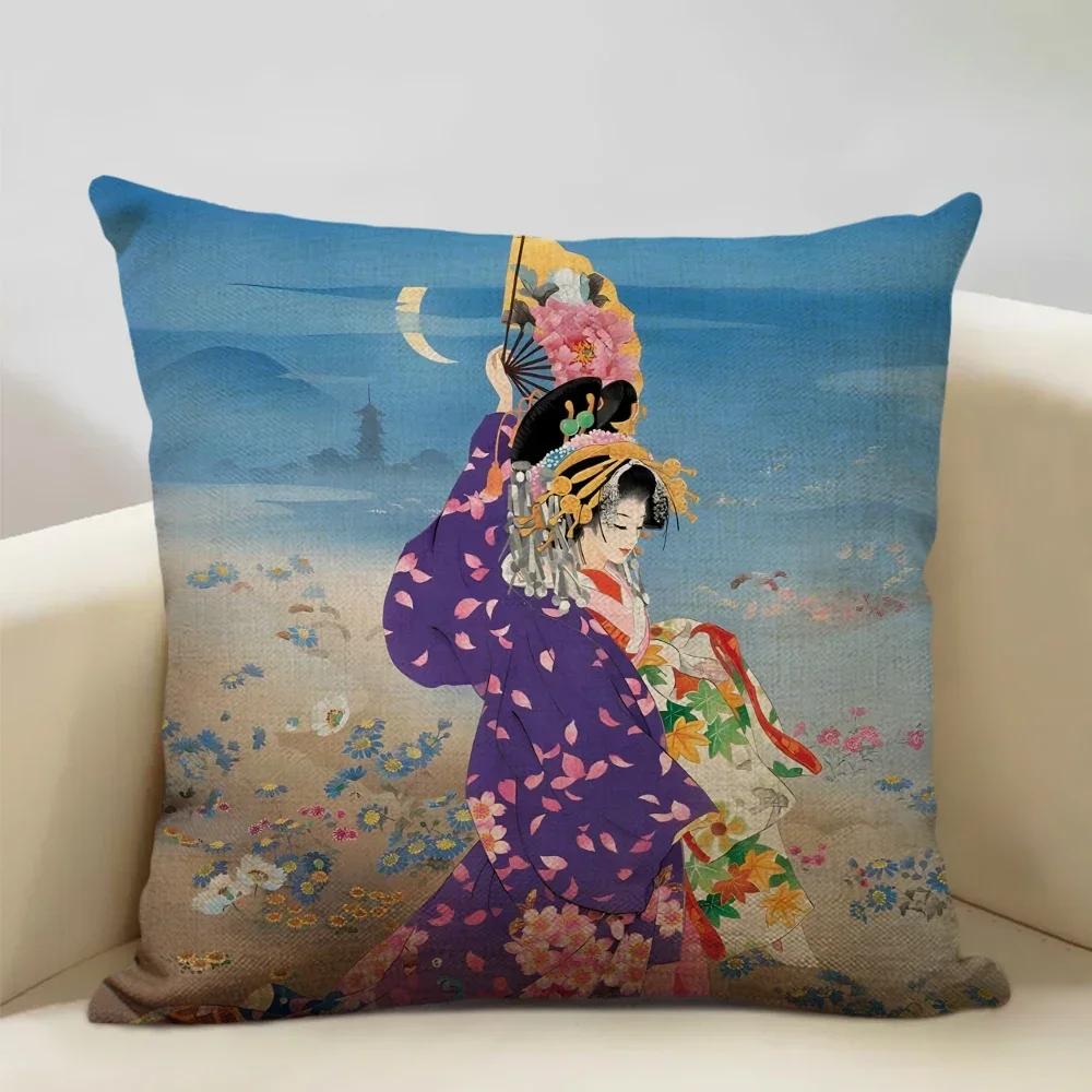Classic Japanese Lady Decorative Cushion Cover Living Room Sofa Pillow Case 45x45cm Linen Pillowcase Home Art Decor
